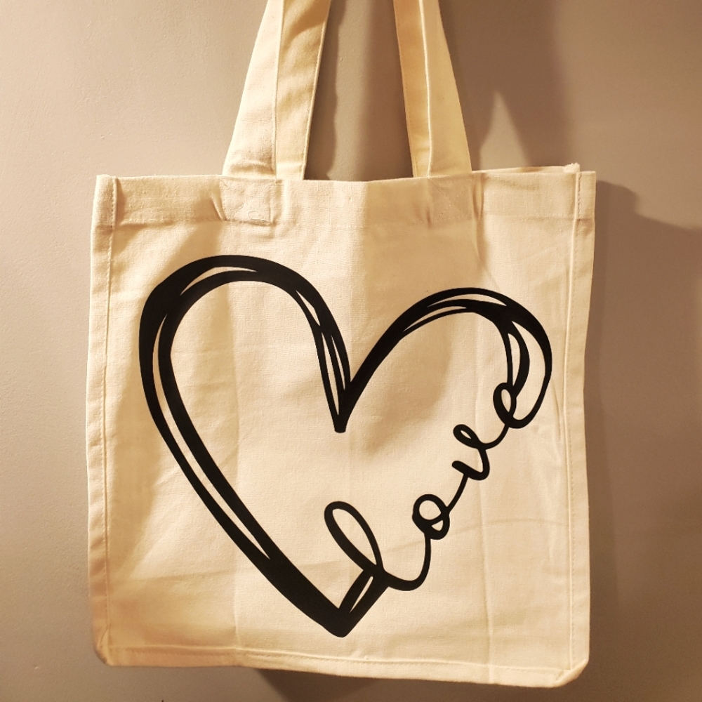 Cream canvas tote bag with love -black heart 13in x 14in x 7in